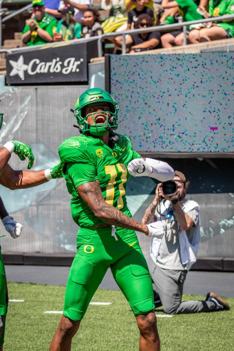 Junior wide receiver, Troy Franklin (11), celebrates a big touchdown reception. The University of Oregon holds their annual spring game&#160;at Autzen Stadium in Eugene, Ore., on April 29, 2029. (Jonathan Suni, Emerald)