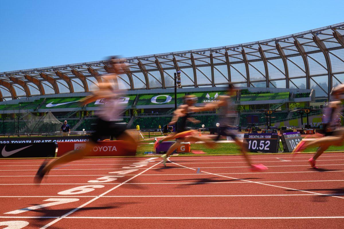 Runners cross the finish line during the decathlon 100m. The USA Track &amp; Field Outdoor Championships began on July 6, 2023, at Hayward Field, in Eugene, Oregon.&#160; (Eric Becker/Emerald)