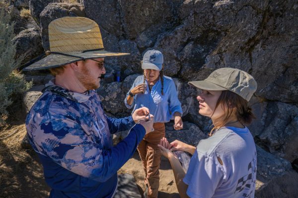 Finley Brake examines a recently excavated stone tool. The University of Oregon Archaeological Field School excavates at the Rimrock Draw Rockshelter near Burns, Oregon, on August 1, 2023. (Eric Becker/Emerald)