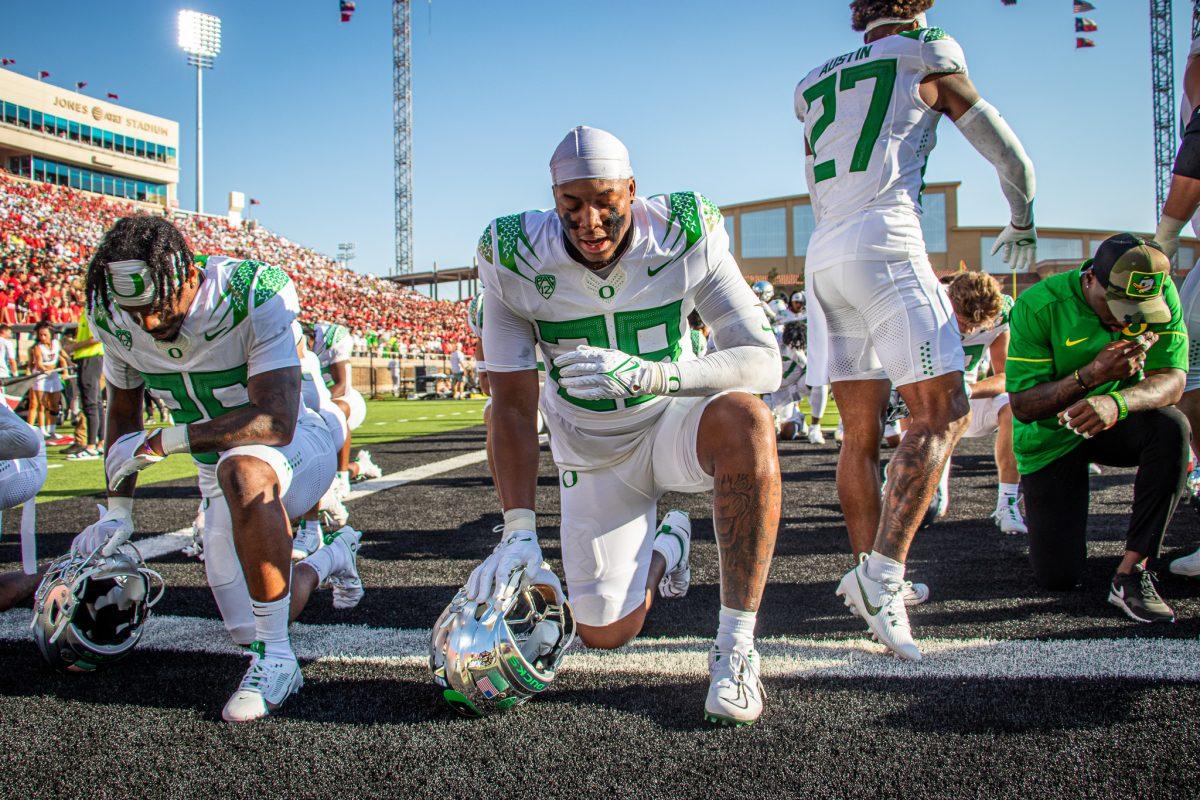 The Oregon Football team prays at their respective end zone as they look to return to Oregon with another victory.&#160;The Oregon Ducks battle in a close fight to ultimately beat the Texas Tech Red Raiders in their home opener at Jones AT&amp;T Stadium in Lubbock, Texas, on Sept. 9, 2023. (Jonathan Suni/Emerald)