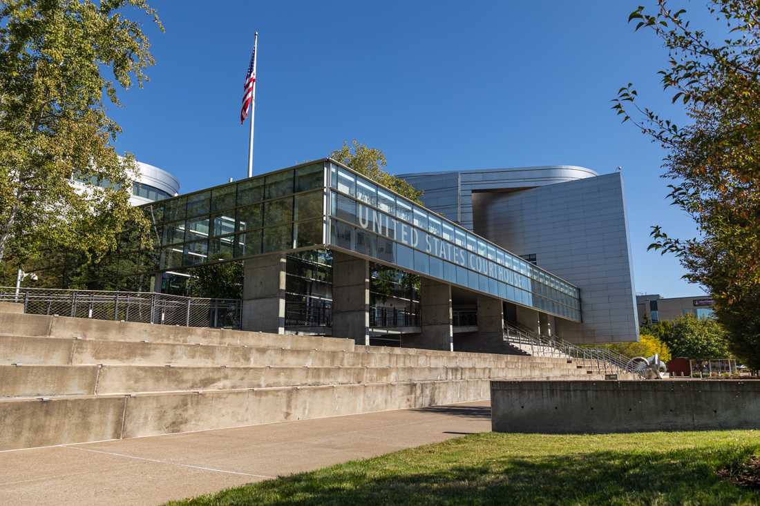 <p>The Wayne Lyman Morse United States Courthouse is located on East 8th Ave. in Eugene, Ore. (Molly McPherson/Emerald)</p>