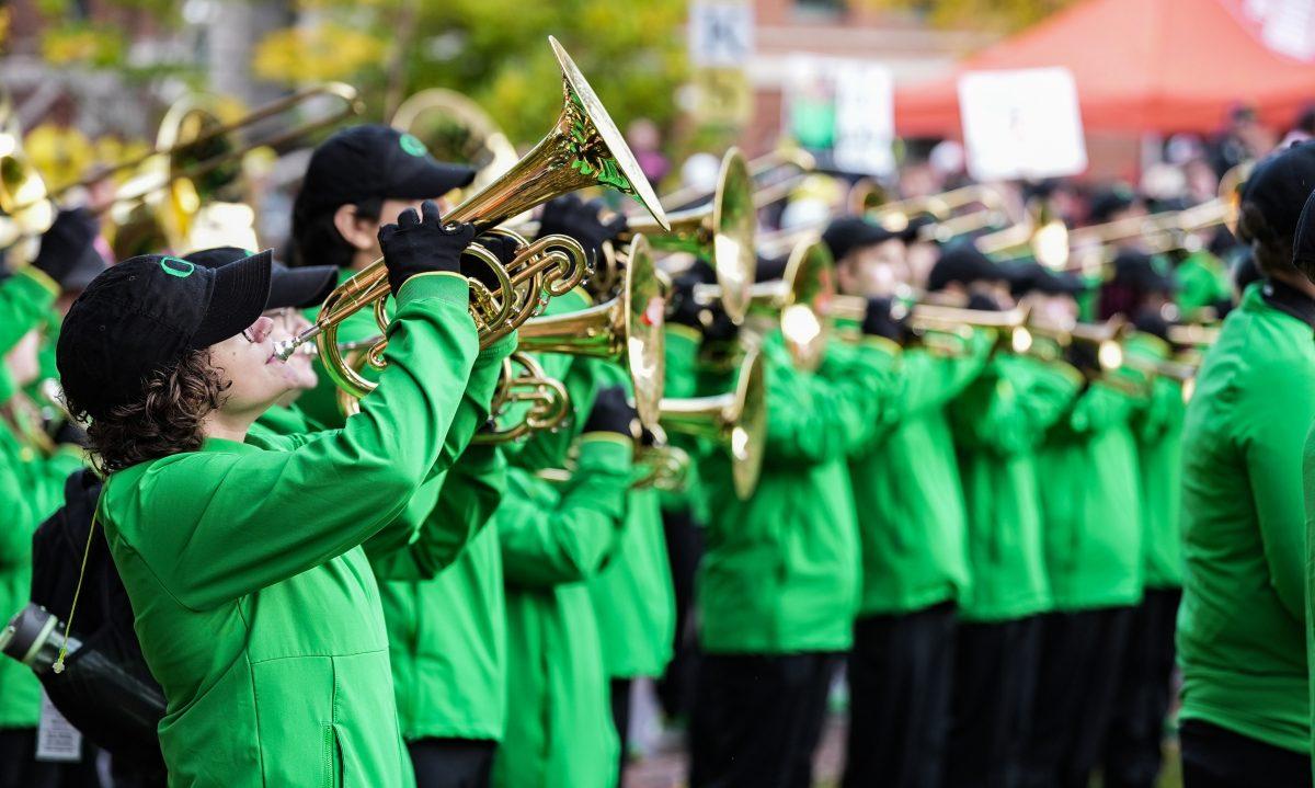 The Oregon marching band preforms the fight song as College Gameday festivities come to a close.&#160;Oregon hosts College Gameday bright and early on the Lillis lawn October 22, 2022 before their game against no.9 UCLA.&#160;(Liam Sherry/Daily Emerald)