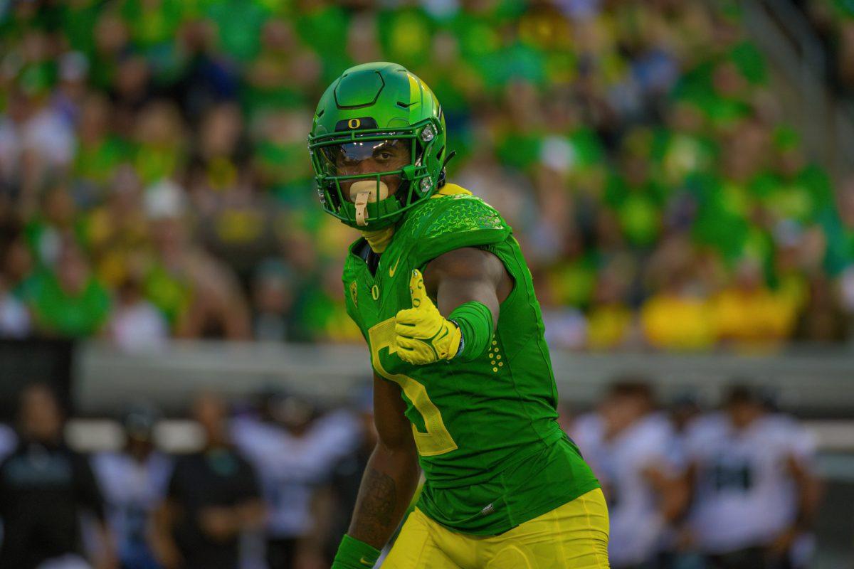 Traeshon Holden (5) lines up before the snap. The University of Oregon Ducks Football team defeated the University of Hawaii Rainbow Warriors in a home match at Autzen Stadium in Eugene, Oregon, on September 16, 2023. (Eric Becker/Emerald)