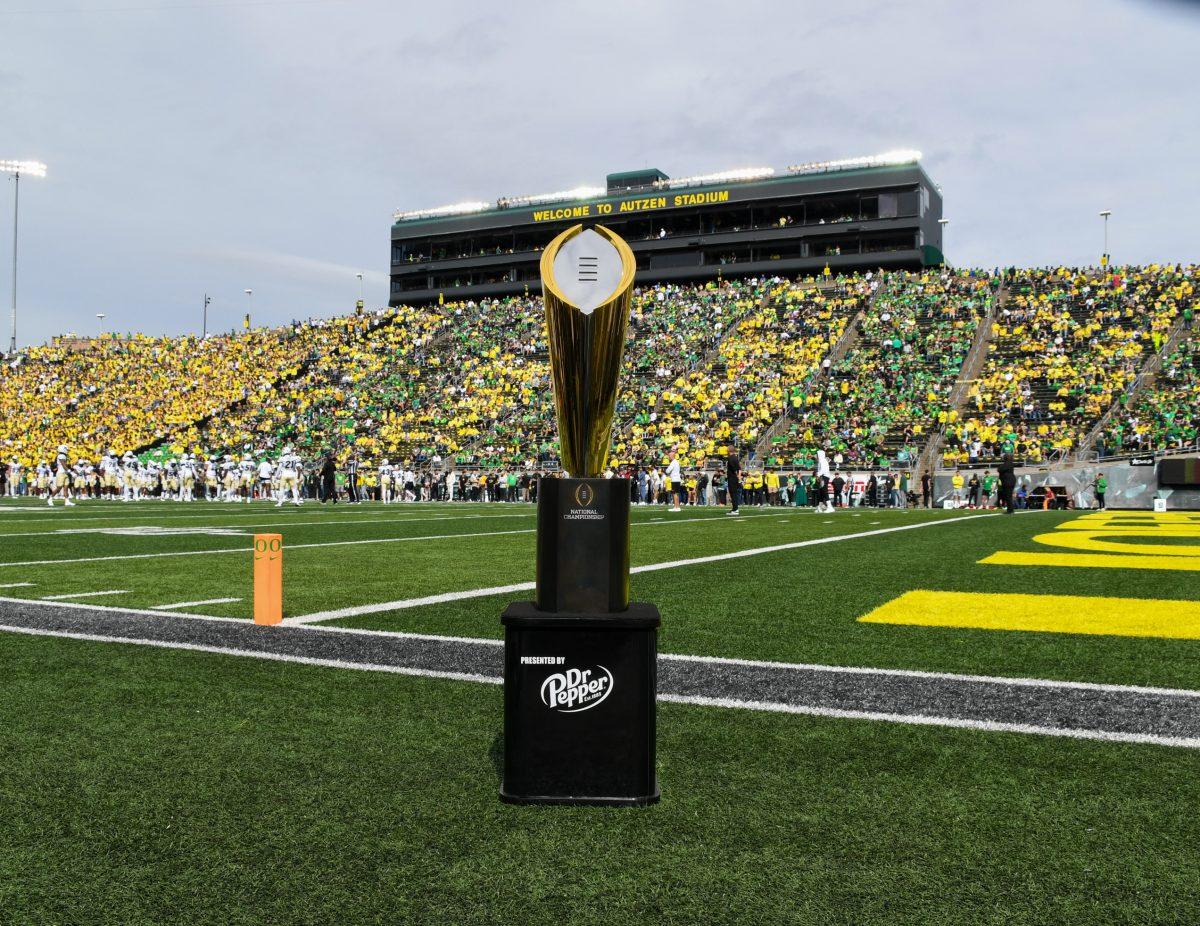 The NCAA National Championship trophy in Autzen Stadium. The University of Oregon Ducks Football team defeat the University of Colorado Buffaloes 42-6 at Autzen Stadium in Eugene, Oregon, on September 23, 2023. (Kai Kanzer/Emerald)