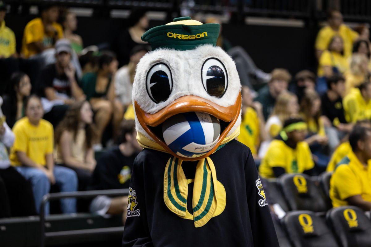 The Oregon Duck pays a visit to Matthew Knight Arena where the Ducks remain undefeated for the 2023 season.&#160;The University of Oregon Ducks volleyball team defeated the University of Washington in a home match at Matthew Knight Arena in Eugene, Ore., on Sept. 29, 2023. (Jonathan Suni/Emerald)