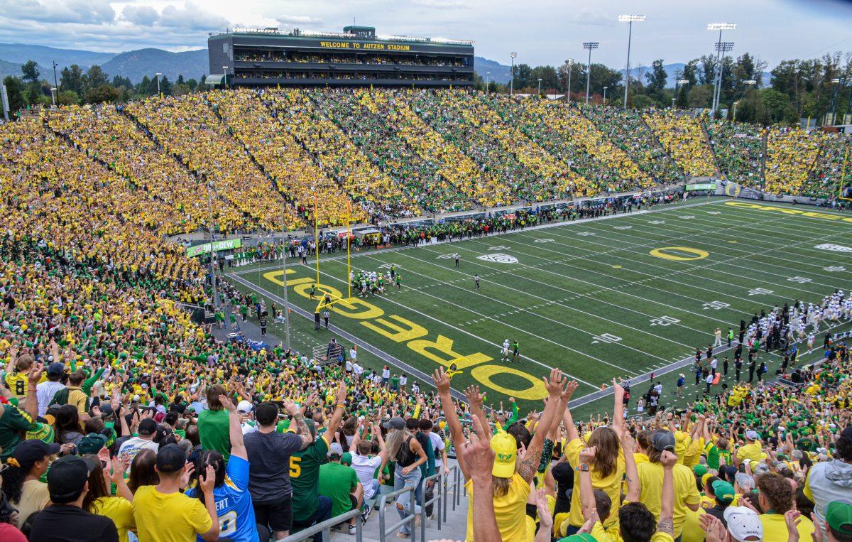 <p>For the first time ever, fans stripe out Autzen Stadium. The University of Oregon Ducks Football team defeat the University of Colorado Buffaloes 42-6 at Autzen Stadium in Eugene, Oregon, on September 23, 2023. (Kai Kanzer/Emerald)</p>