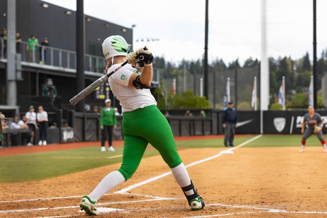 Allison Benning (9) attempts to get the Ducks offense started. Oregon Ducks softball lost 0-2 in a league series against the Utah Utes on May 7th, 2023, at Jane Sanders Stadium. (Kemper Flood/ Emerald).