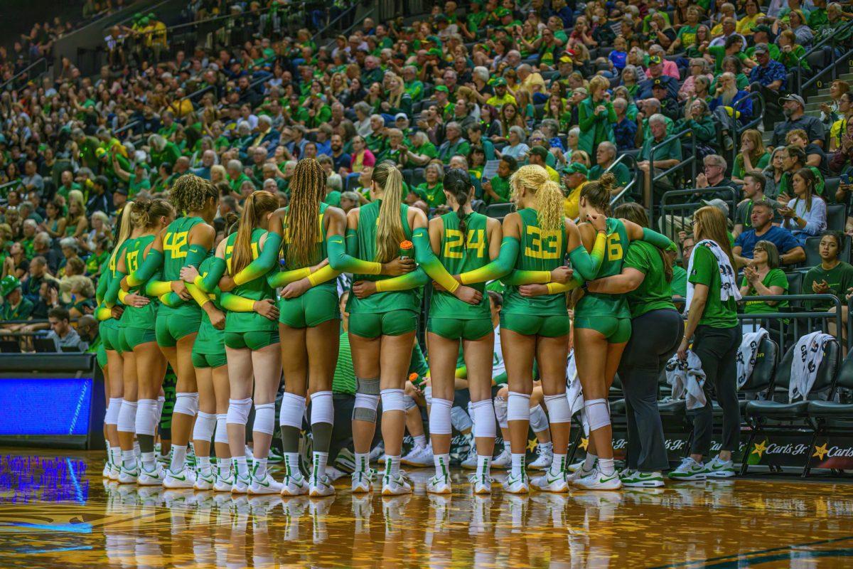 The University of Oregon Ducks Volleyball team defeated the Oregon State Beavers in a home match at Matthew Knight Arena in Eugene, Oregon, on September 22, 2023. (Eric Becker/Emerald)