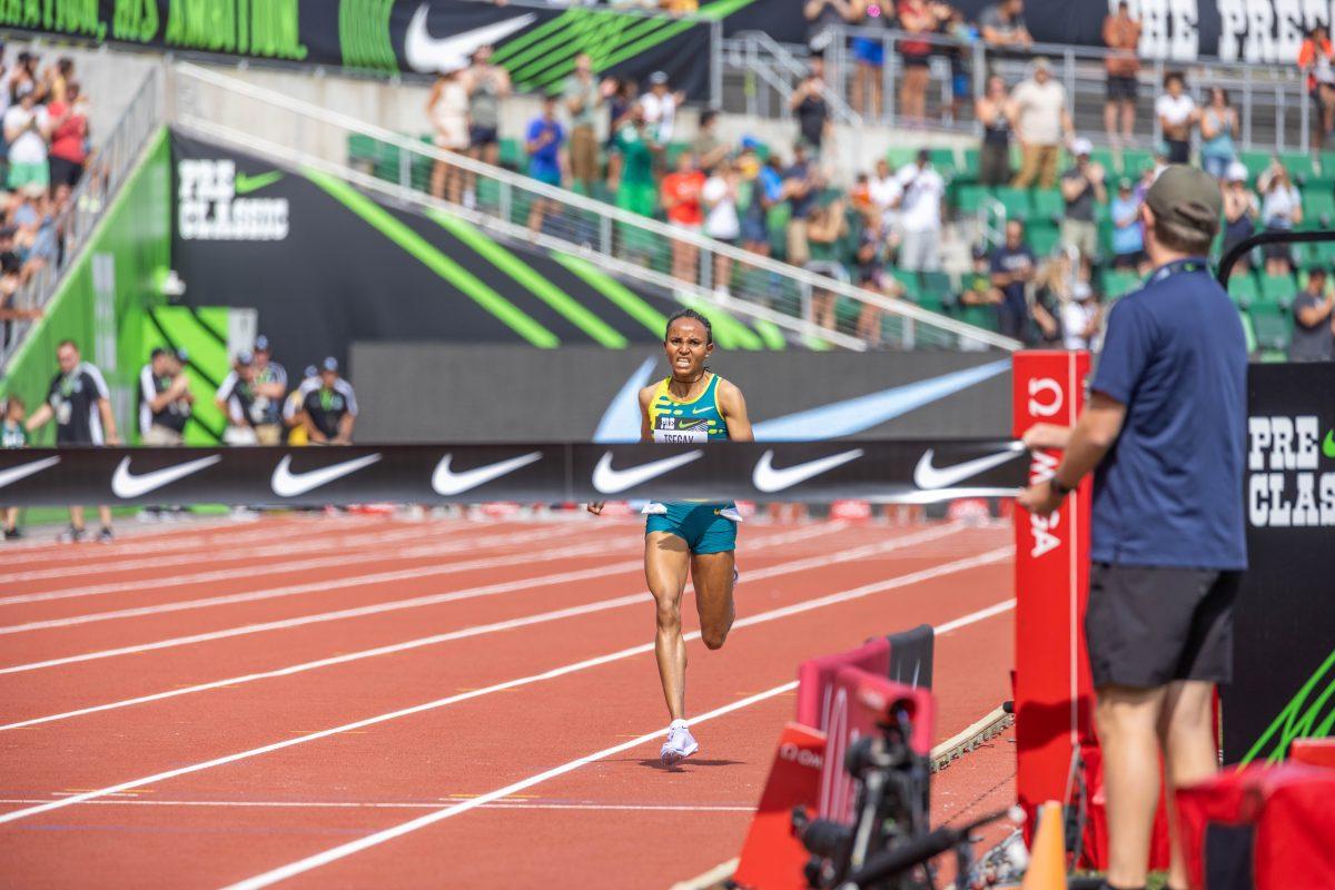 With the home stretch all to herself, Gudaf Tsegay makes history and crushes the world record for the 5000m by a stunning five seconds and wipes her personal best by sixteen seconds.&#160;The Prefontaine Classic and Diamond League Final meet in Tracktown USA for an incredible display of world record smashing and a constant flow of meet records being broken in Hayward Field in Eugene, OR, on September 16 and 17, 2023. (Jonathan Suni, Emerald)