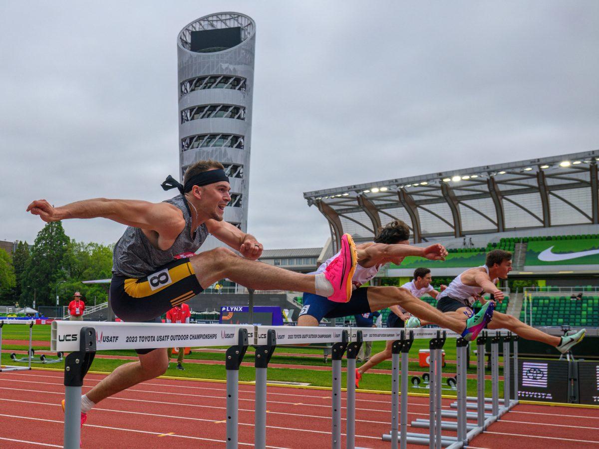 Grant Levesque competes in the decathlon 110m hurdles. The USA Track &amp; Field Outdoor Championships continued on July 7, 2023, at Hayward Field, in Eugene, Oregon. (Eric Becker/Emerald)