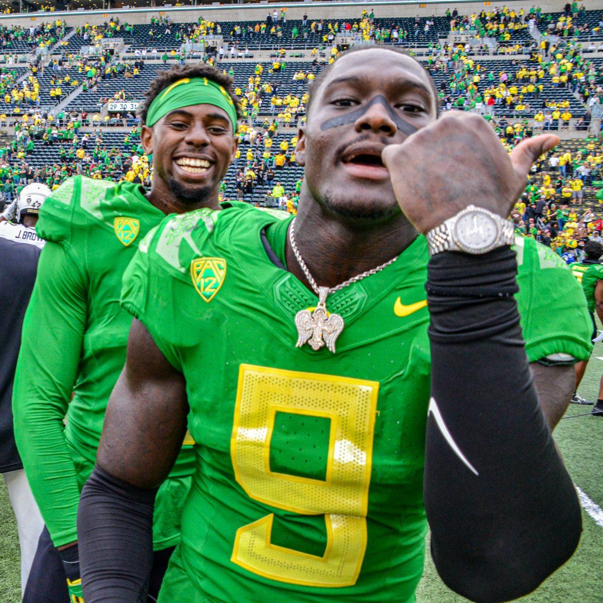 Jamal Hill (9) taunts Colorado by doing their celebration. The University of Oregon Ducks Football team defeat the University of Colorado Buffaloes 42-6 at Autzen Stadium in Eugene, Oregon, on September 23, 2023. (Kai Kanzer/Emerald)