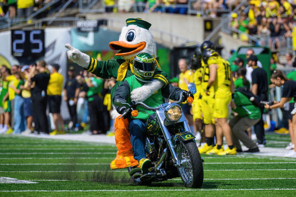 The Oregon Duck takes the field. The University of Oregon Ducks Football team defeated the Portland State University Vikings in a home match at Autzen Stadium in Eugene, Oregon, on September 2, 2023. (Eric Becker/Emerald)