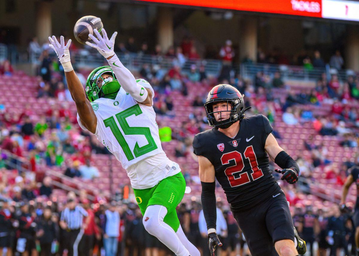 Tez Johnson (15) attempts to make a catch in the endzone.&#160;The University of Oregon Ducks football team defeated the Stanford University Cardinals in an away match at Stanford Stadium in Stanford, Calif., on Sept. 30, 2023. (Eric Becker/Emerald)