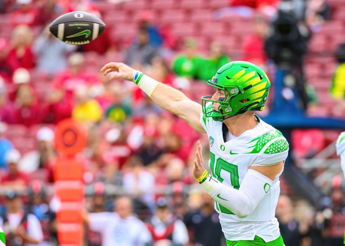 Bo Nix (10) throws a pass down the field.&#160;The University of Oregon Ducks football team defeated the Stanford University Cardinals in an away match at Stanford Stadium in Stanford, Calif., on Sept. 30, 2023. (Eric Becker/Emerald)