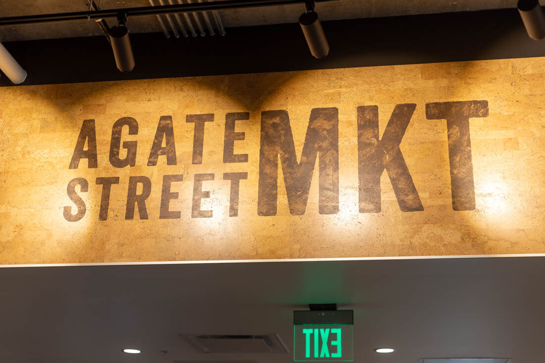 Agate Street Market sign. A grocery store like extension for students to shop at. (Kemper Flood/Daily Emerald)