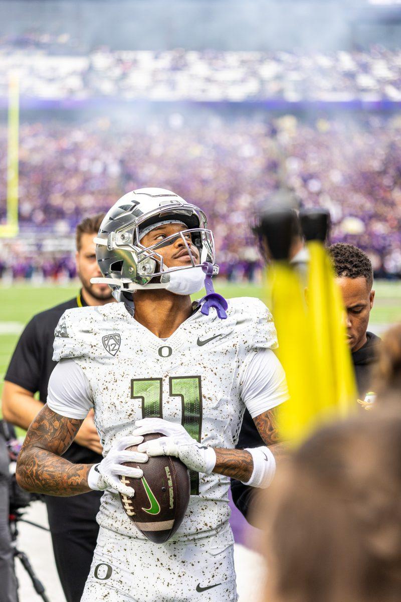 Star Oregon receiver, Troy Franklin (11), takes in the game day environment during pregame warmups.&#160;The University of Oregon Ducks Football team were defeated by the University of Washington Huskies in an away match at Husky Stadium in Seattle, Washington, on October 14, 2023. (Jonathan Suni/Emerald)