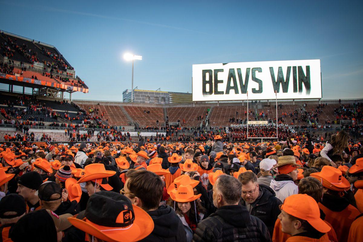 Moments after the game ends, the field becomes a sea of Beaver Orange cowboy hats.&#160;The Oregon Ducks travel up to Corvallis to face their in-state rival the Oregon State Beavers on November 26th, 2022, for their last game of the regular season.&#160;(Jonathan Suni, Emerald)