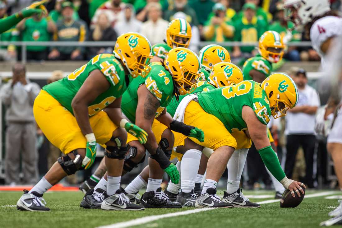 The Oregon offensive line. The Oregon Ducks football team takes on the Washington State Cougars on Oct. 21, 2023, in Eugene, Ore. (Molly McPherson/Emerald)