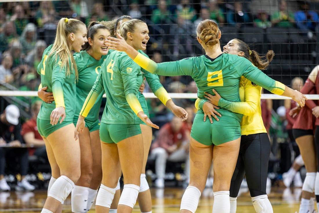 Hannah Pukis (9) makes a great play, and the team celebrates.&#160;The University of Oregon Ducks volleyball team lost to Washington State University 1-3 at Matthew Knight Arena in Eugene, Ore., on Oct. 1, 2023. (Kemper Flood/ Emerald)