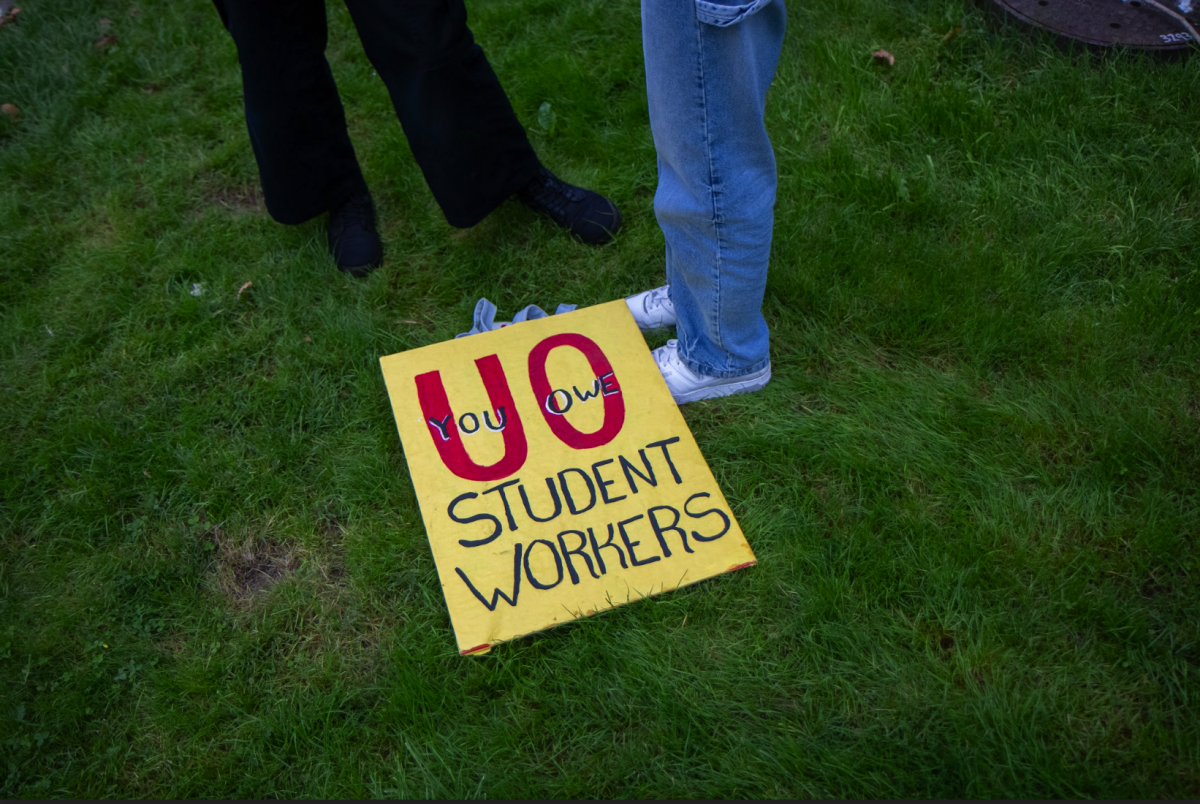 On Friday, Oct. 20, GTFF and UOSW members gathered on the steps of UO&#8217;s Johnson Hall in protest for contract revisions and fairer pay. (Coda/Emerald)