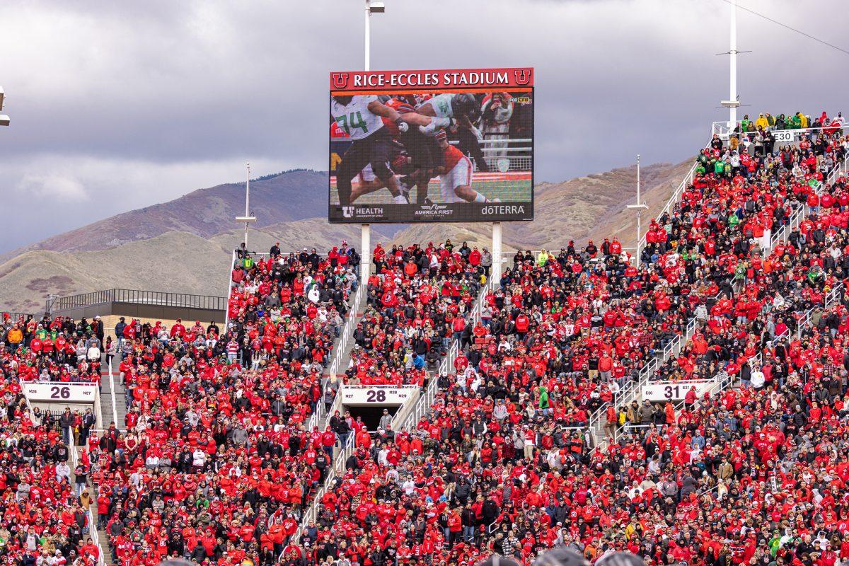 The Wastatch and Oquirrh mountains can be seen behind the packed Rice-Eccles Stadium.&#160;The No. 8 Oregon Ducks defeat the No. 12 Utah Utes 35-6 at Rice-Eccles Stadium in Salt Lake City, Utah, on Oct. 28, 2023. (Jonathan Suni/Emerald)