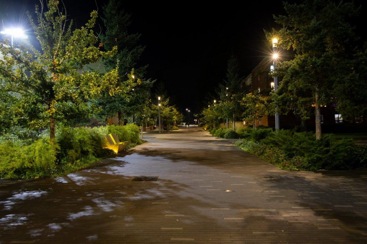 The paths by the dorms are illuminated for a safer commute at night. (Jonathan Suni/ Emerald)