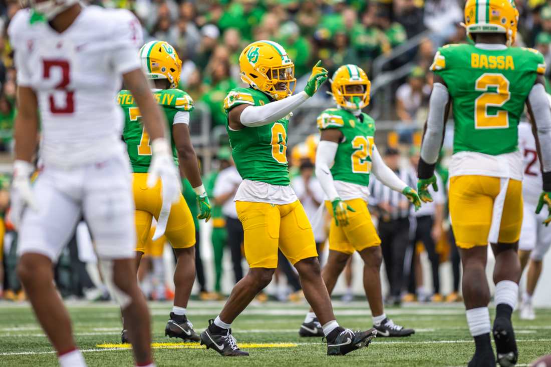 <p>Oregon running back Bucky Irving (0) celebrates by waving his finger. The Oregon Ducks football team takes on the Washington State Cougars on Oct. 21, 2023, in Eugene, Ore. (Molly McPherson/Emerald)</p>