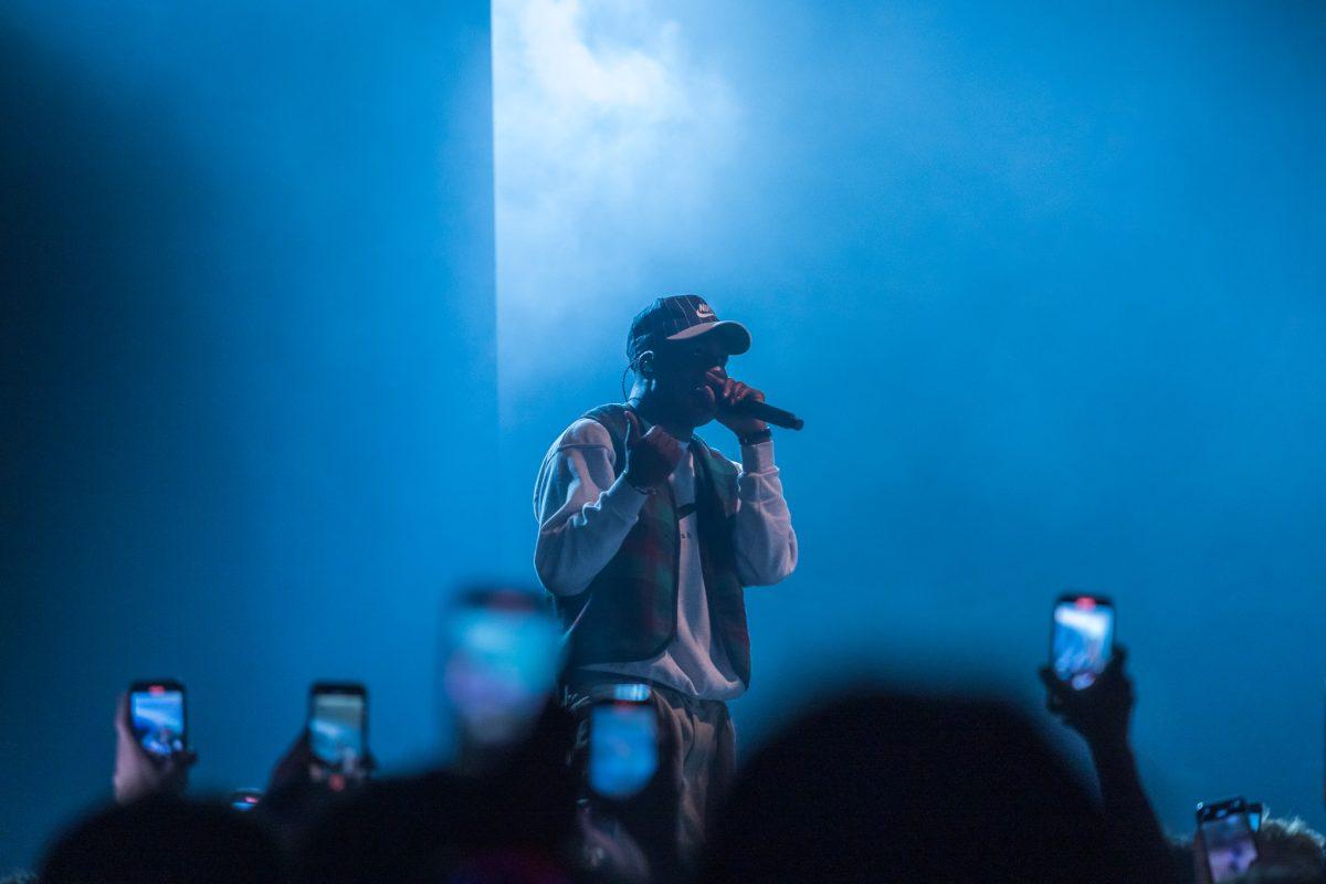 Lil Yachty serenades his fans as the Crystal Ballroom becomes illuminated with a blue hue. Lil Yachty makes a stop at the McMenamins Crystal Ballroom in Portland, Ore., on Oct. 22, 2023 for his Field Trip Tour. (Jonathan Suni/ Emerald)