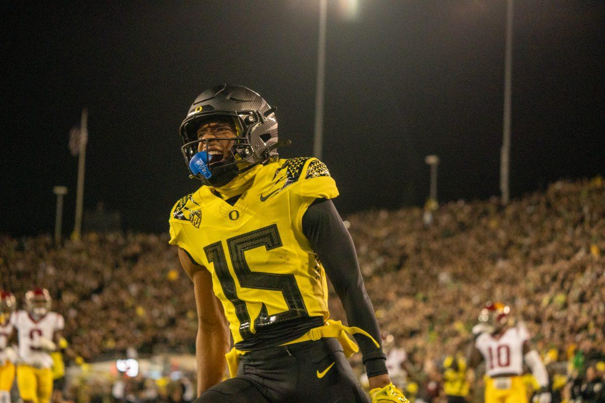 Tez Johnson touchdown. The University of Oregon Ducks Football team played the University of Southern California in a home match at Autzen Stadium in Eugene, Ore., on Nov. 11, 2023. (Spencer So/Emerald)