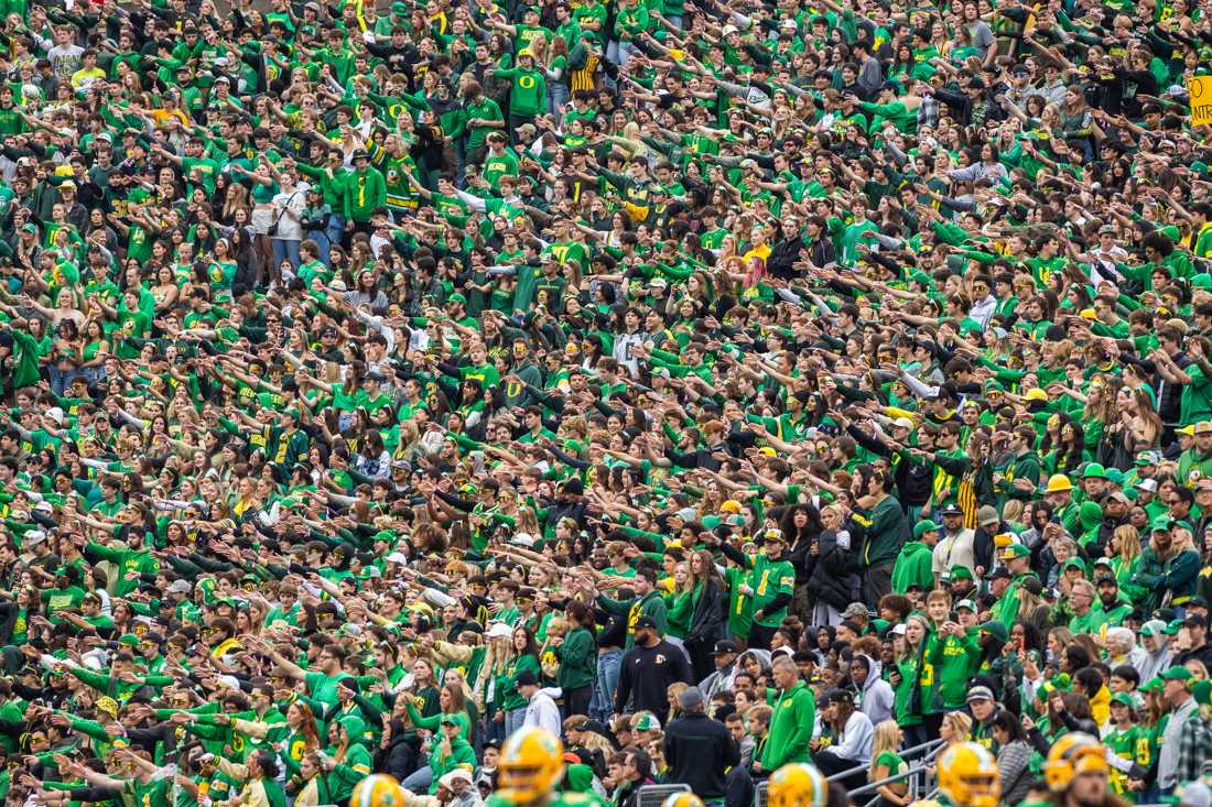 Over 58,000 fans gathered in Autzen Stadium for the game. The Oregon Ducks football team takes on the Washington State Cougars on Oct. 21, 2023, in Eugene, Ore. (Molly McPherson/Emerald)