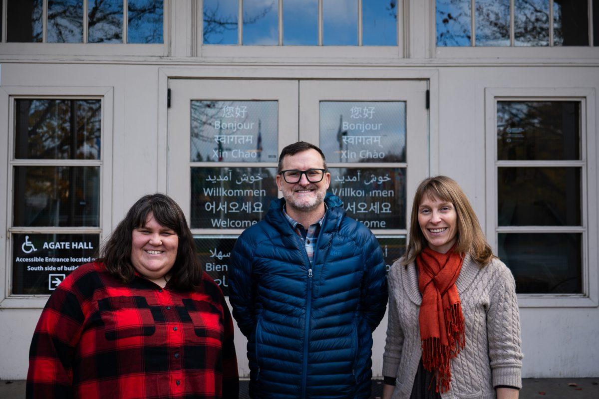 Robin Rogers (left), Tom Delaney (center), and Jennifer Rice (right) all play a crucial role in the AEI (American English Institute). The American English Institute has been a leader in English language teaching, research, and service on the University of Oregon campus, located in Agate Hall on Agate St., in Eugene, Ore. (Sebastian Flores/Emerald)\