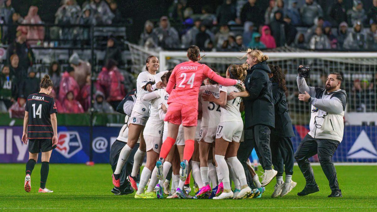 The Gotham bench rushes the field after the win. The Portland Thorns were defeated by Gotham FC in a home playoff match at Providence Park in Portland, Ore., on Nov. 5, 2023. (Eric Becker/Emerald)