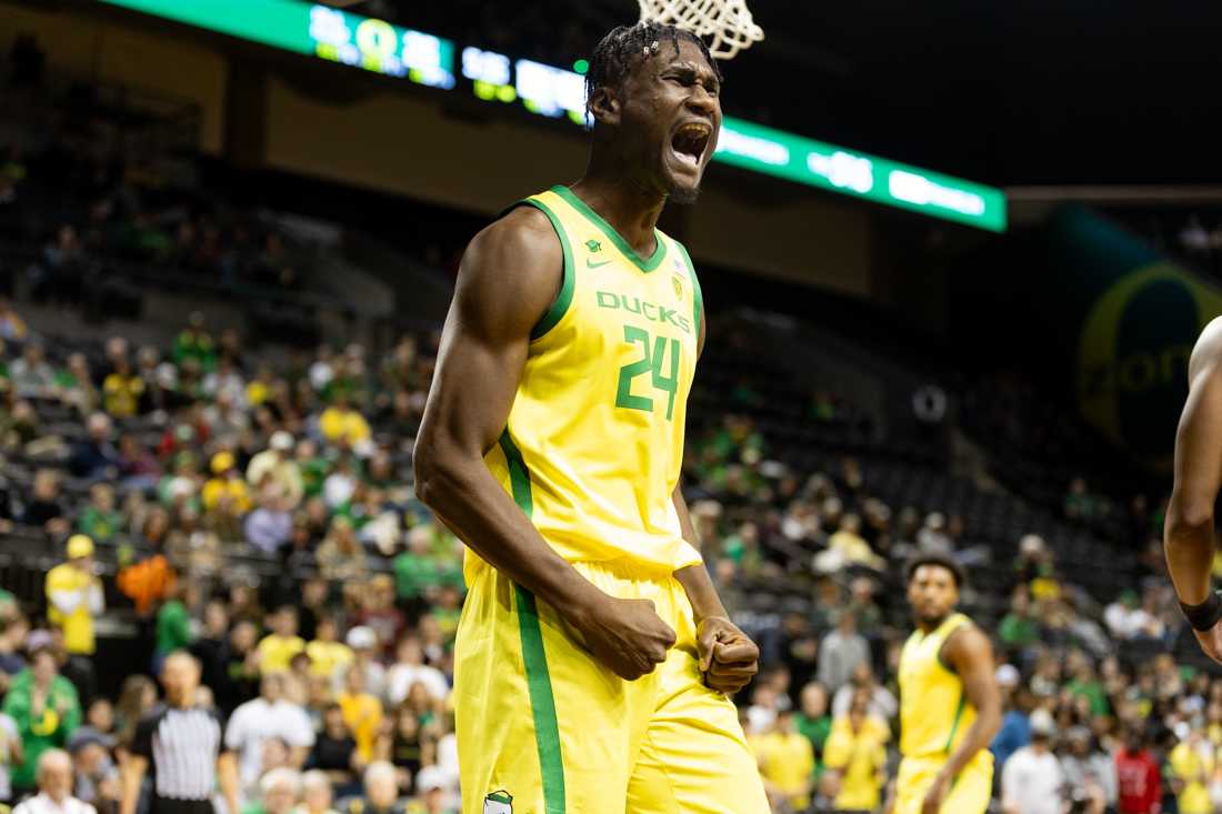 Center Mahamadou Diawara (24) celebrates a defensive block and the ball being turned over to the Ducks. The University of Oregon Ducks Men&#8217;s Basketball team defeated the Tennessee State Tigers 92-67 at Matthew Knight Arena in Eugene, Ore., on Nov. 17, 2023. (Kemper Flood/ Emerald)