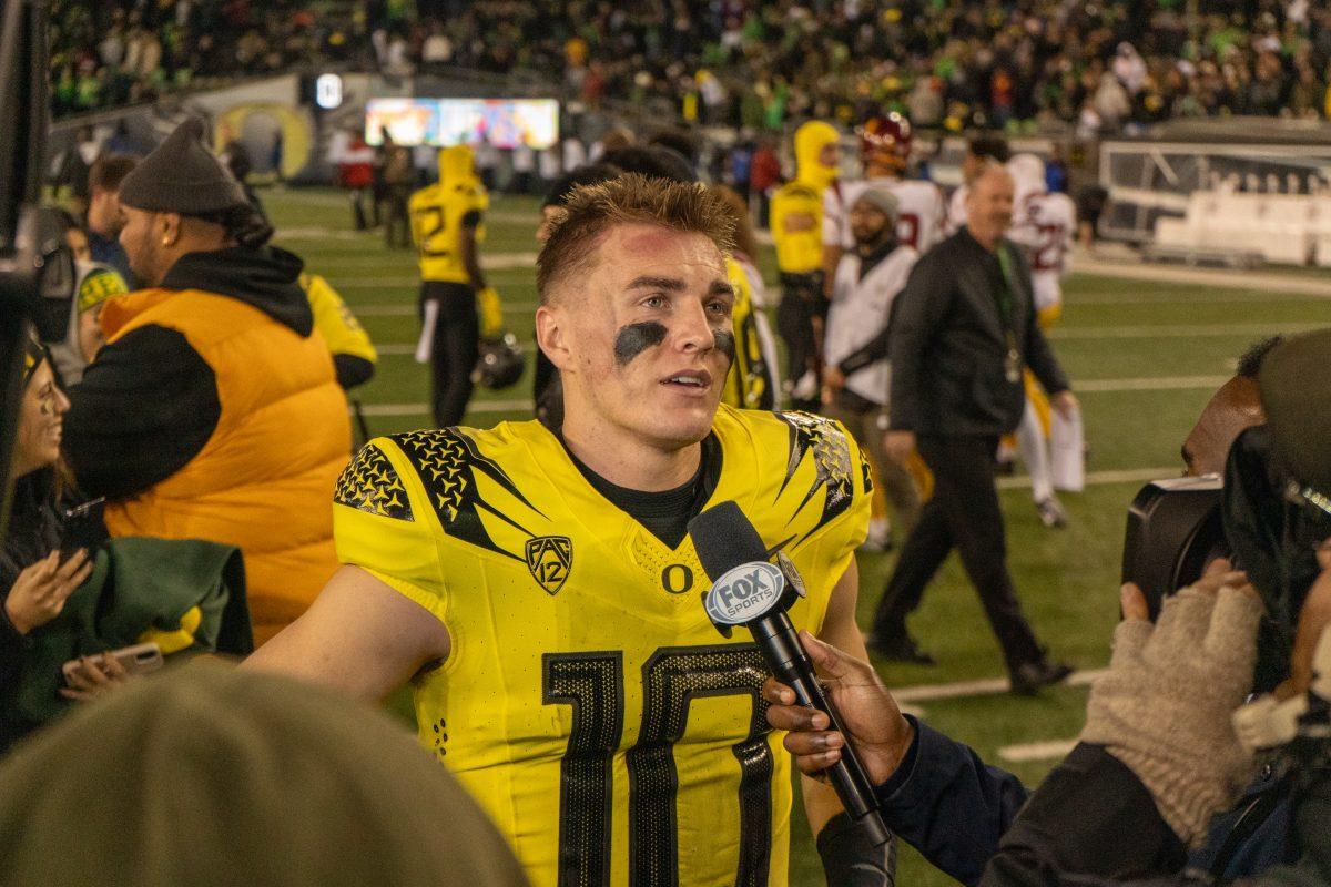 Bo Nix(10) post-game interview. The University of Oregon Ducks Football team played the University of Southern California in a home match at Autzen Stadium in Eugene, Ore., on Nov. 11, 2023. (Spencer So/Emerald)