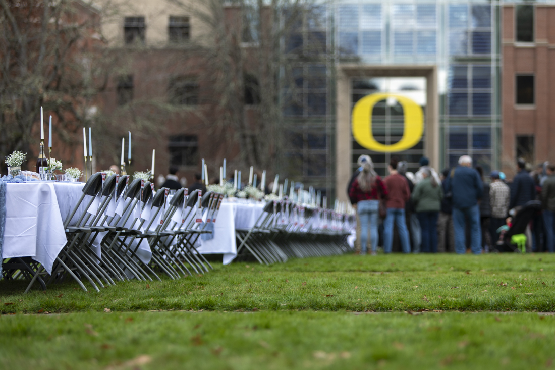 The demonstration featured a Shabbat table set up with places to represent the individuals who have been kidnapped. (Alex Hernandez/Emerald)