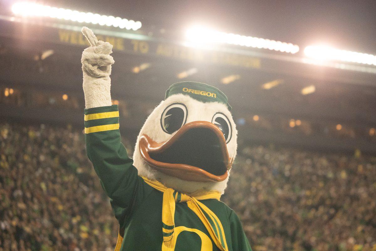 The Oregon Duck cheering. The University of Oregon Ducks Football team played the University of Southern California in a home match at Autzen Stadium in Eugene, Ore., on Nov. 11, 2023. (Spencer So/Emerald)