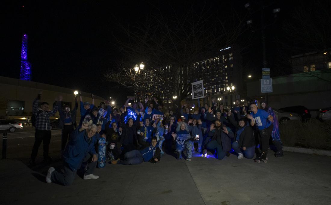 <p>A group of PAT supporters gather at the Nov. 16 PAT secret roller disco event. The PAT strike began on Nov. 1, 2023. (Alex Hernandez/Emerald)</p>