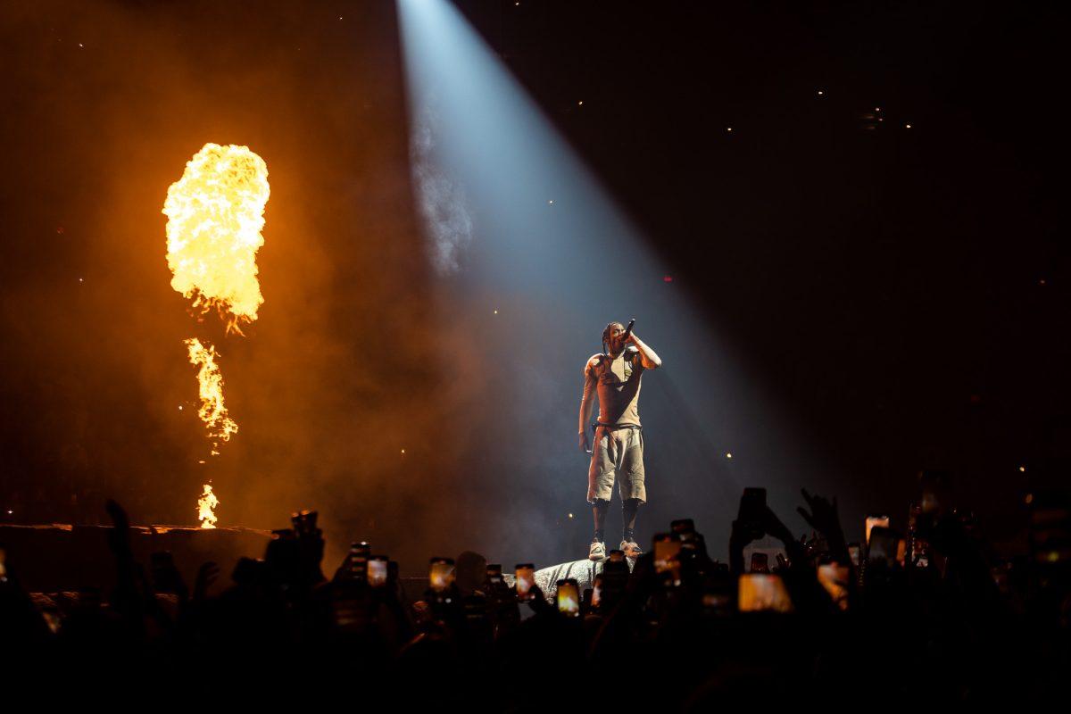 Pyrotechnics bring each song that Travis Scott performs to life with pure energy. Travis Scott goes on the first leg of his Circus Maximus/ Utopia tour stopping at the Moda Center in Portland, Ore., on Nov. 12, 2023. (Jonathan Suni/Emerald)