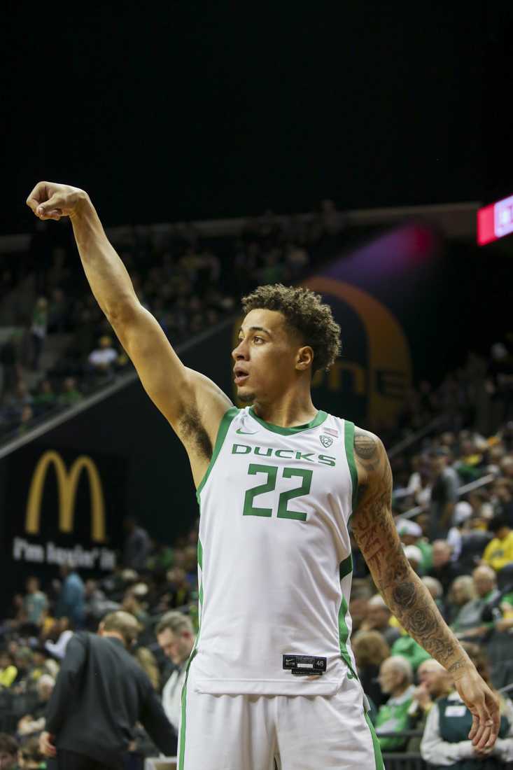 <p>Jadrian Tracey (22) scores for the Oregon Ducks. The Oregon Ducks beat the Montana Grizzlies 75-61 on Friday November 10, 2023 at Matthew Knight Arena in Eugene, Ore. (Lulu Devoulin/ Emerald)</p>