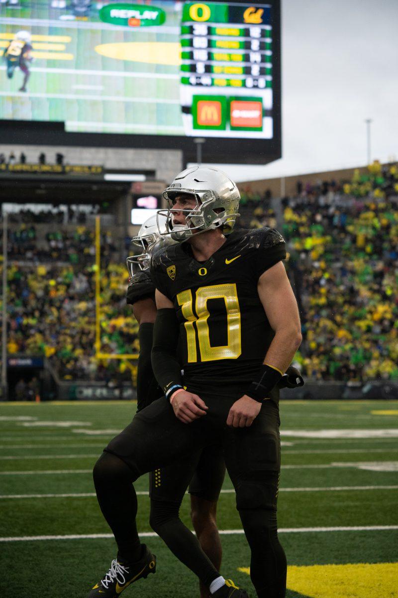 Ducks quarterback Bo Nix (10) celebrates after the Ducks score a touchdown. The Oregon Ducks defeat the California Golden Bears 63-19 at Autzen Stadium in Eugene Ore., on Nov. 4, 2023. (Sebastian Flores/Emerald)