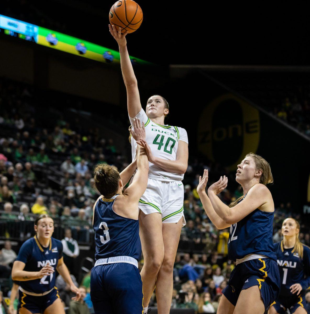 Grace VanSlooten (40) looks to have a standout season with the Ducks by using her impressive offensive abilities to lead the lady Ducks.&#160;&#160;The Oregon&#160;Women's&#160;Basketball team host Northern Arizona for their season opener &#160;at Matthew Knight Arena in Eugene, Ore., on Nov. 6, 2023. (Jonathan Suni, Emerald)