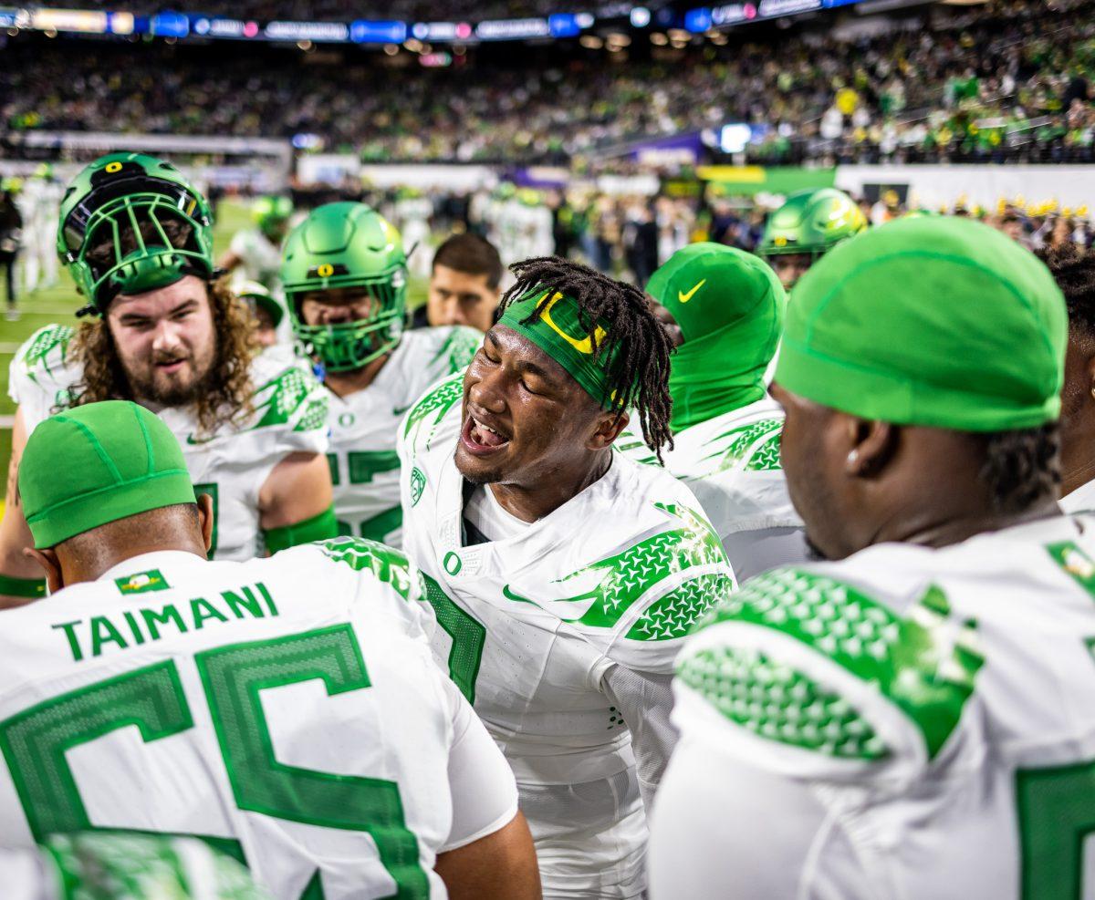 Senior defensive lineman, Brandon Dorlus (3), hypes his fellow defensive linemen before what could be his last game as an Oregon Duck. With the NFL draft in mind, Dorlus could sit out in any future bowl games to preserve his health and draft stock.&#160;The Washington Huskies defeat the Oregon Ducks football team in the Pac-12 Championship at Allegiant Stadium in Las Vegas on Dec. 1, 2023. (Jonathan Suni/Emerald)