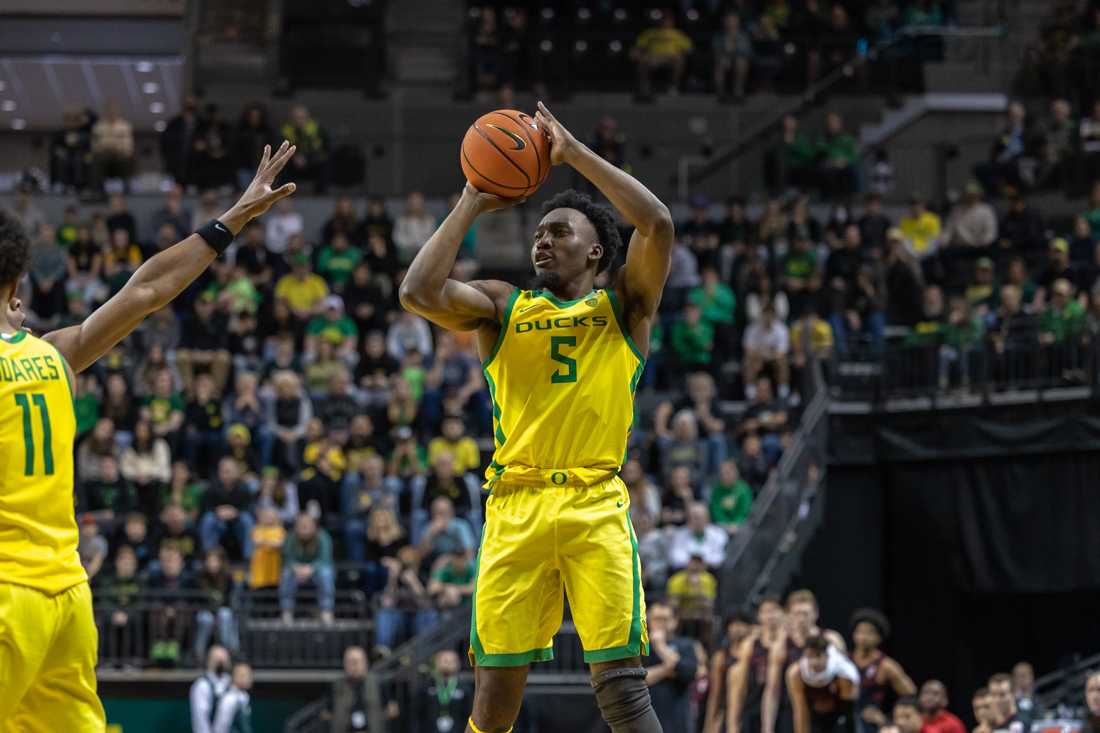 <p>Jermaine Couisnard (5) shoots a three-point shot. The Oregon Ducks Men’s Basketball team takes on the Stanford Cardinal at Matthew Knight Arena in Eugene, Ore., on Mar. 4th, 2023 (Molly McPherson/Emerald)</p>