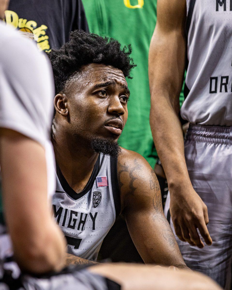 Jermaine Couisnard (5) shows frustration during a timeout as the Ducks begin to lose their big lead in the game.&#160;The Oregon Men's Basketball Team host the USC Trojans to start their last season of conference play in the PAC-12 &#160;at Matthew Knight Arena in Eugene, Ore., on Dec. 28, 2023. (Jonathan Suni/Emerald)