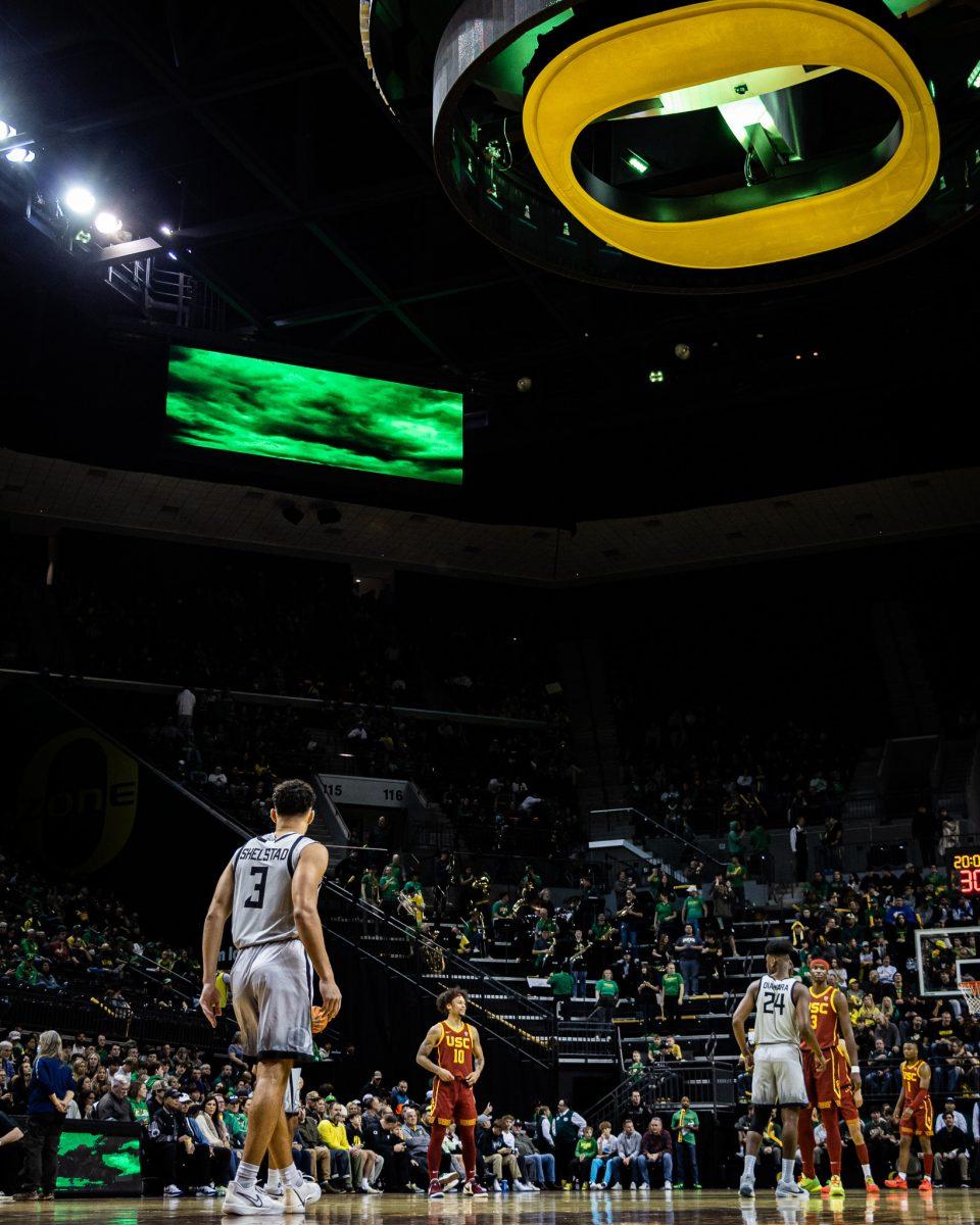 Star freshman, Jackson Shelstad (3), steps onto the court in his first conference game as an Oregon Duck.&#160;The Oregon Men's Basketball Team host the USC Trojans to start their last season of conference play in the PAC-12 &#160;at Matthew Knight Arena in Eugene, Ore., on Dec. 28, 2023. (Jonathan Suni/Emerald)