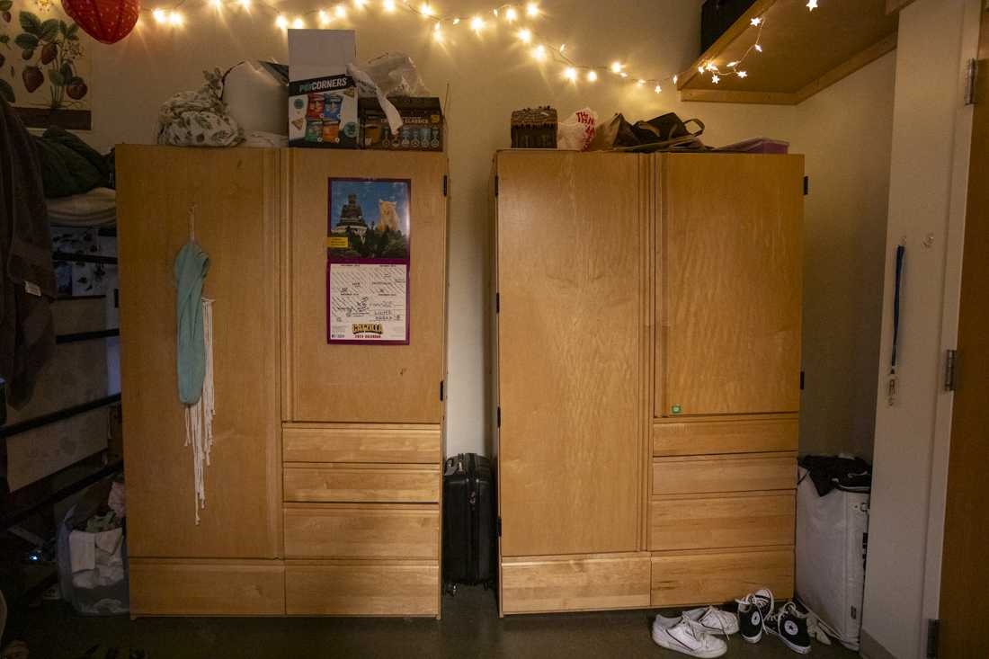 <p>Two wardrobes stand in a dorm room in GSH. The uneven flooring is more noticeable at different points in the room. (Alex Hernandez/Emerald)</p>