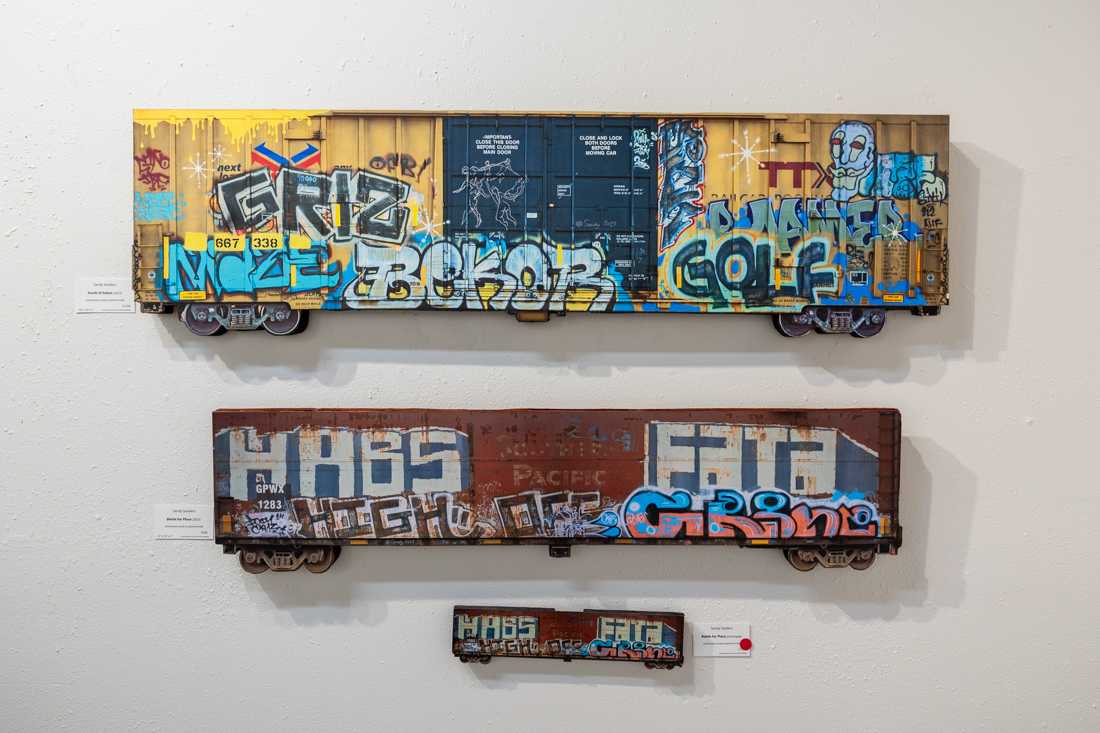 Sandy Sanders "The Art of Train Graffiti" offers viewers a "visual exploration of regional train graffiti." The exhibition is on display at the New Zone Gallery in downtown Eugene, Ore. (Molly McPherson/Emerald)