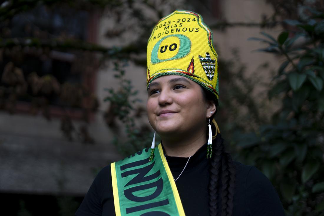 Keyen Singer, a member of the Confederated Tribes of the Umatilla Indian Reservation and Miss Indigenous UO 2023-24. (Lulu Devoulin/ Emerald)