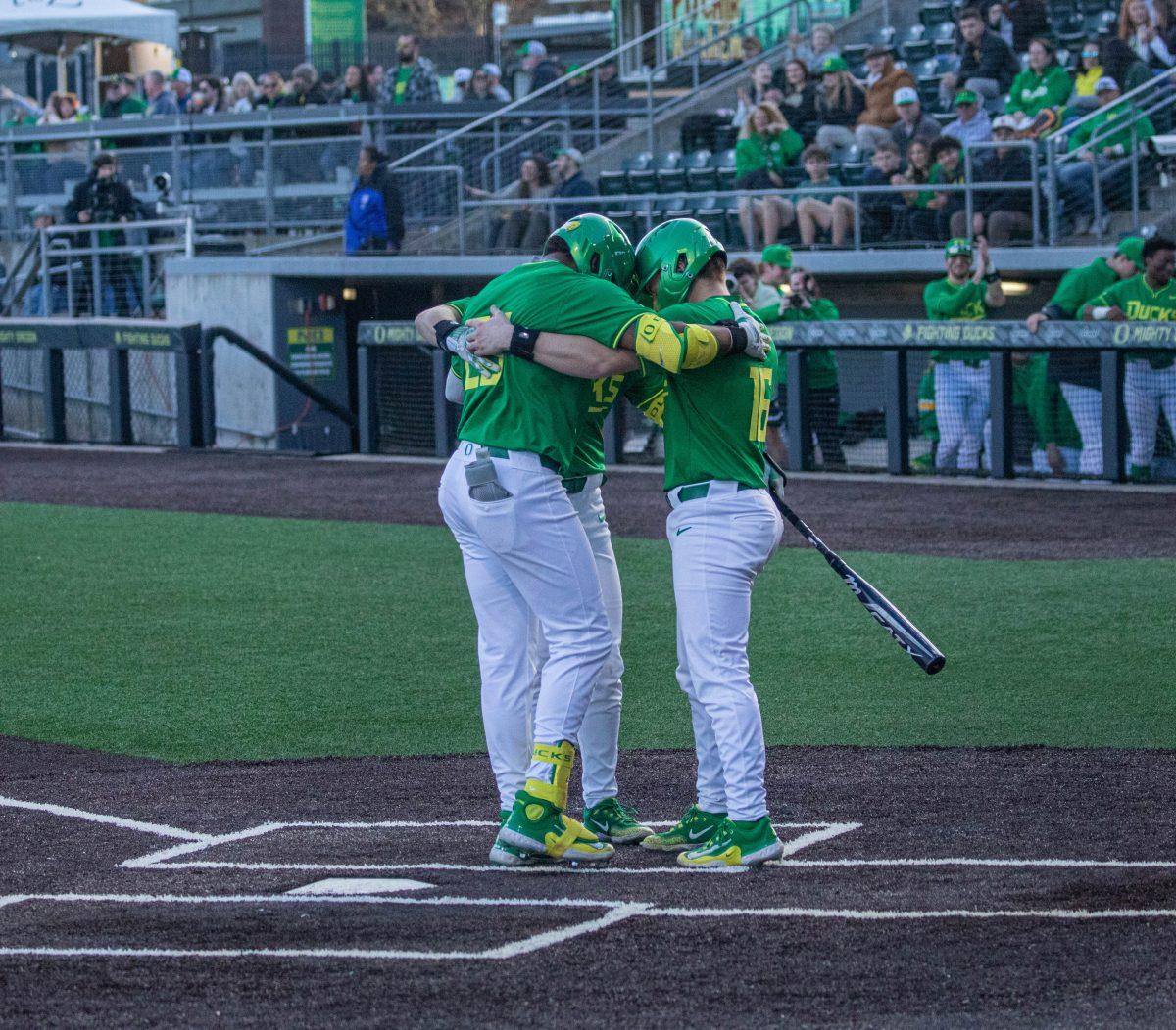 The Ducks bats came together, combining for 3 homeruns, 2 triples, and 5 doubles. The Oregon Baseball team defeats Lafayette College 17-3 in Game 1 of the series at PK Park in Eugene, Ore., on Feb.23, 2024. (Kai Kanzer/Emerald)&#160;