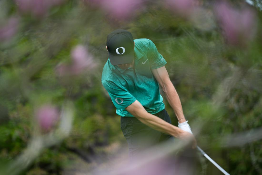 Freshman Tom Gueant swings. Oregon Ducks men's golf plays in the Pac-12 Championships at Eugene Country Club in Eugene, Ore. on April 22, 2019. (Ben Green/Emerald)